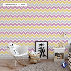 Papel de Parede Autoadesivo Chevron Toy Cinza Amarelo e Rosa